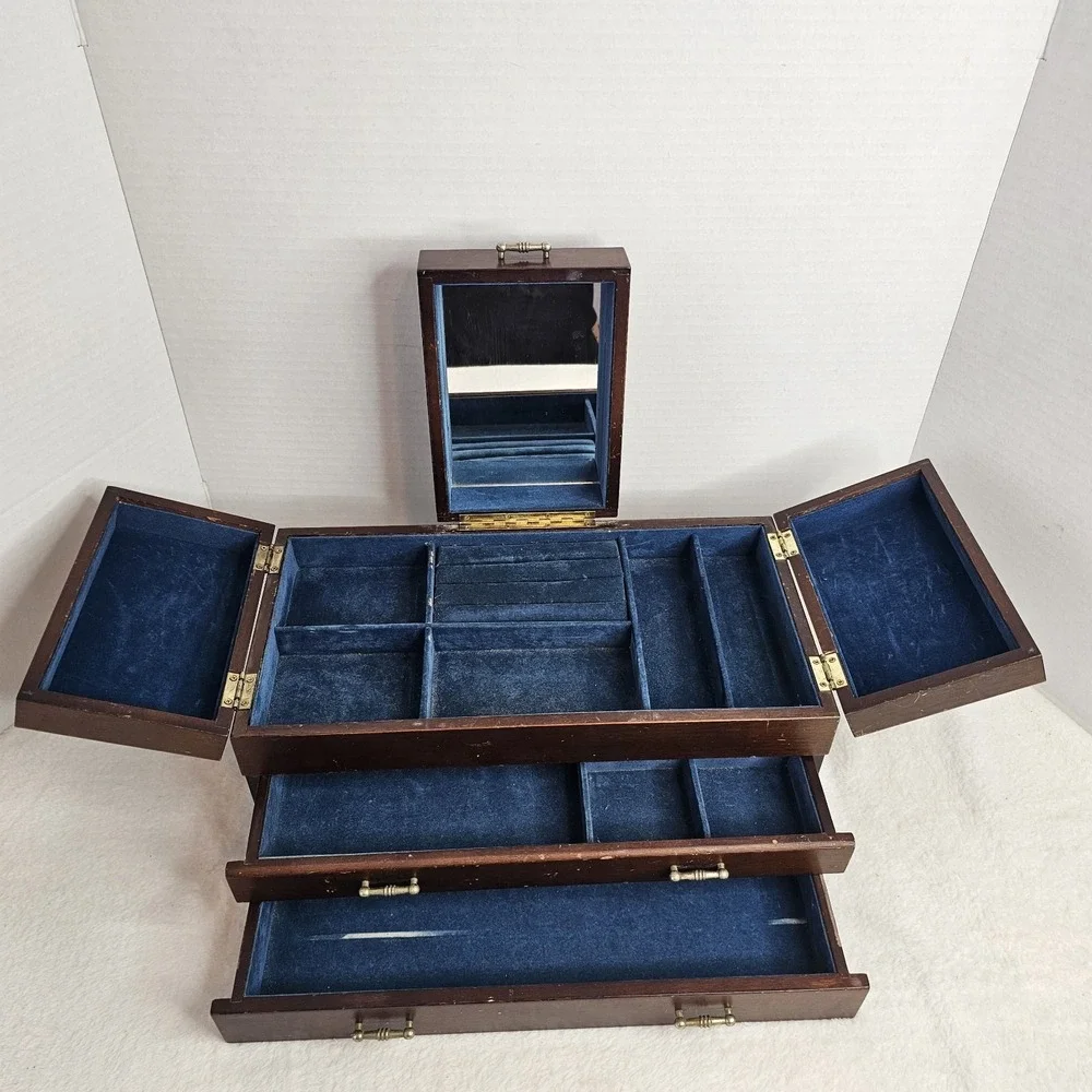 VTG Mid Century Modern Wood Jewelry Box 2 Drawer Blue Velvet Lined MCM Mirror